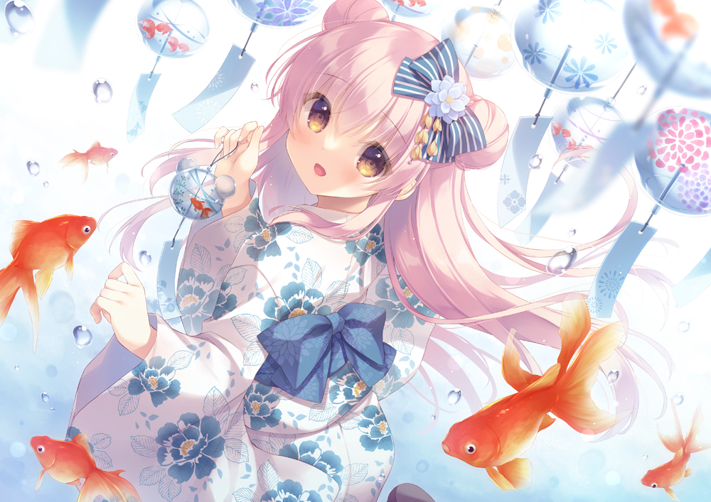 1girl :d animal back_bow bangs blue_bow blue_flower blurry blurry_foreground blush bow brown_eyes commentary_request depth_of_field double_bun fish floral_print flower from_behind goldfish hair_between_eyes hair_bow hair_bun hands_up holding japanese_clothes kimono long_hair long_sleeves looking_at_viewer looking_back original pink_hair print_kimono smile solo striped striped_bow very_long_hair water water_drop white_kimono wide_sleeves wind_chime yukie_(peach_candy)