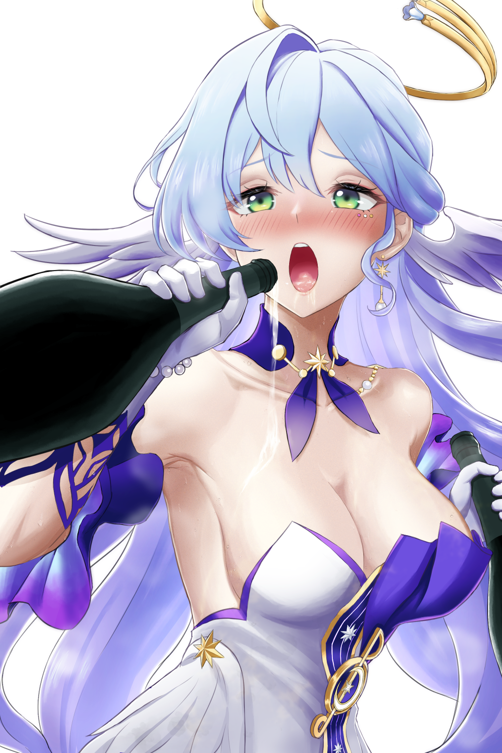 1girl bare_shoulders bead_bracelet beads blue_hair blush bottle bracelet breasts choker cleavage collarbone commentary detached_sleeves dress earrings gloves green_eyes hair_between_eyes hair_intakes head_wings highres holding holding_bottle honkai:_star_rail honkai_(series) jewelry large_breasts long_hair nose_blush open_mouth purple_choker robin_(honkai:_star_rail) short_sleeves simple_background solo sphere-stc strapless strapless_dress upper_body very_long_hair white_background white_dress white_gloves wings