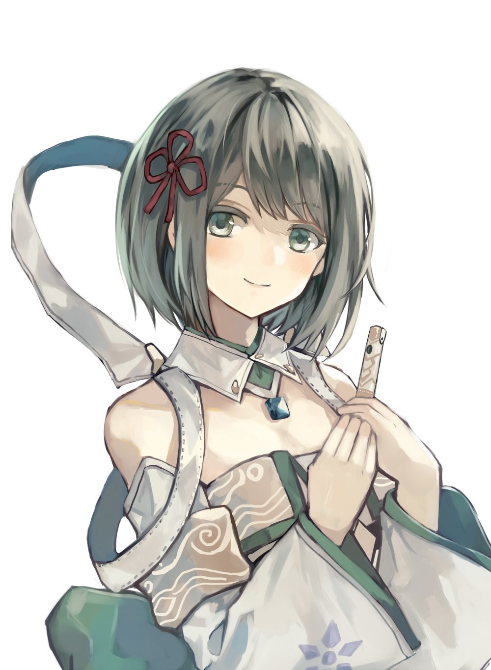 1girl bare_shoulders closed_mouth commentary_request flute green_eyes grey_hair highres holding holding_flute holding_instrument instrument looking_at_viewer medium_hair miyabi_(xenoblade) natsuyuki simple_background smile solo upper_body white_background wide_sleeves xenoblade_chronicles_(series) xenoblade_chronicles_3