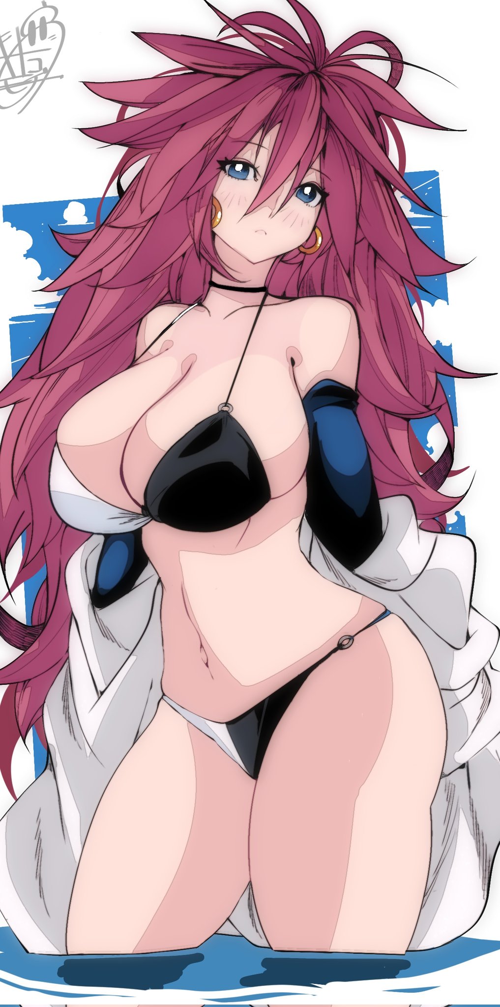 1girl android_21 bare_shoulders bikini black_bikini black_choker black_gloves blue_eyes blush breasts choker cleavage coat collarbone dragon_ball dragon_ball_fighterz earrings elbow_gloves gloves hair_between_eyes highres hoop_earrings jewelry kinakomochi_(user_vedc2333) large_breasts long_hair looking_at_viewer multicolored_bikini multicolored_clothes navel partially_submerged red_hair solo swimsuit thighs white_bikini white_coat