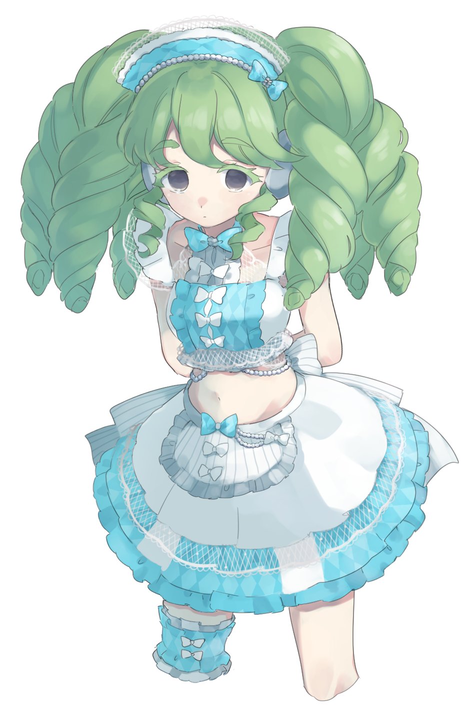 1girl apron arms_behind_back bad_id bad_twitter_id bikini blue_bow blue_skirt bow center_frills closed_mouth colored_eyelashes commentary_request cowboy_shot cropped_legs falulu frilled_skirt frills green_hair grey_eyes headphones highres idol_clothes inactive_account long_hair looking_at_viewer maid maid_bikini maid_headdress multicolored_clothes multicolored_skirt navel pretty_series pripara shiyurinpu sidelocks simple_background skirt solo standing summer_maid_coord swimsuit twintails unconventional_maid waist_apron white_background
