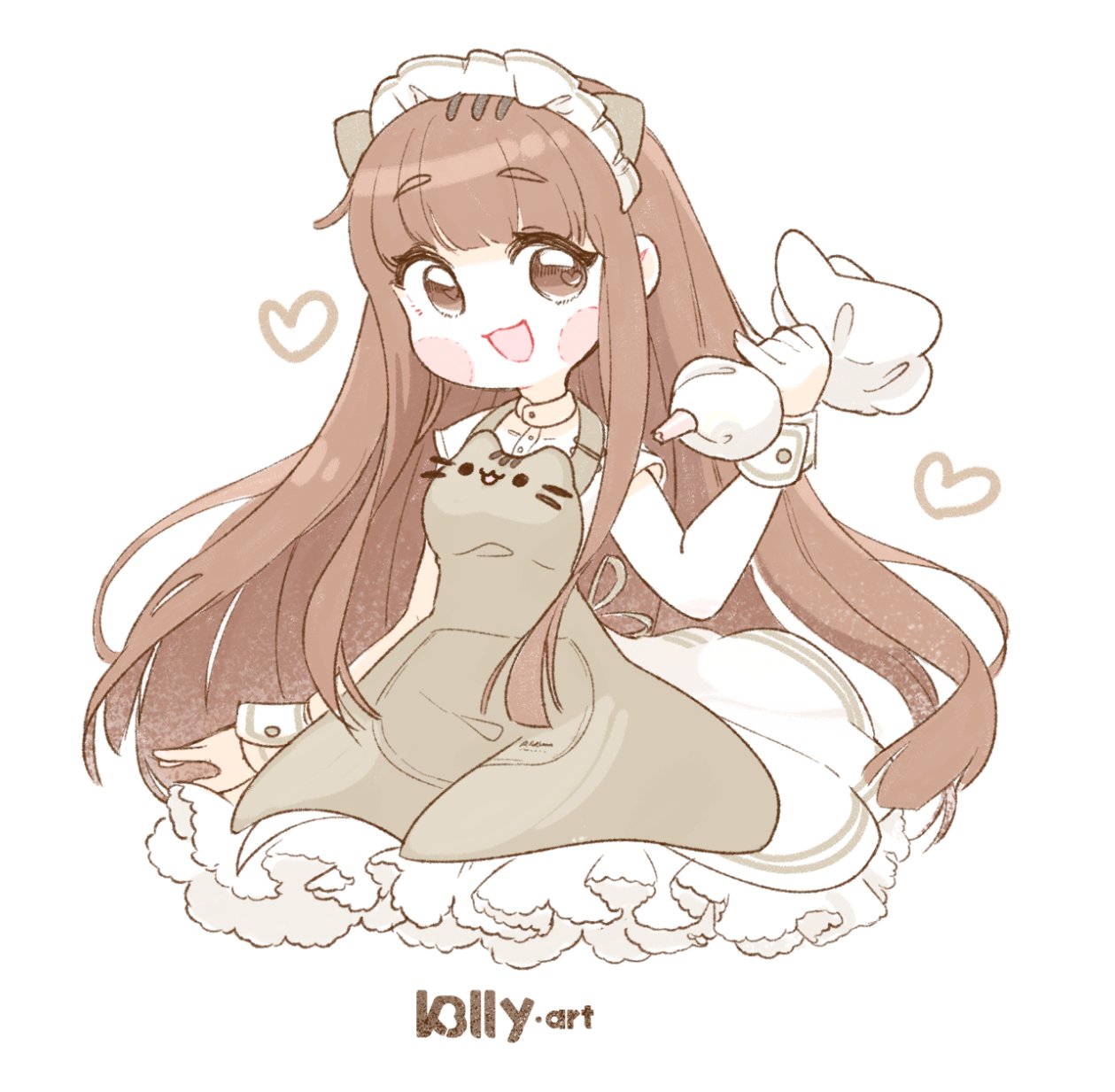 1girl angelica_(k3lly) animal_ears artist_name blush_stickers brown_eyes brown_hair cat_ears drawn_heart dress english_commentary fake_animal_ears frilled_dress frills green_dress headdress heart heart-shaped_pupils highres holding k3lly long_hair looking_at_viewer open_mouth original short_sleeves simple_background smile solo symbol-shaped_pupils upper_body very_long_hair watermark white_background white_headdress