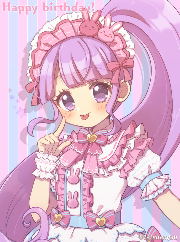 1girl :p blunt_bangs blush commentary_request dress finger_to_cheek frilled_dress frills hand_up happy_birthday index_finger_raised lolita_fashion long_hair looking_at_viewer manaka_non pretty_series pripara puffy_short_sleeves puffy_sleeves purple_eyes purple_hair short_sleeves side_ponytail sidelocks smile solo standing striped_background sweet_lolita tabana tongue tongue_out very_long_hair white_dress wrist_cuffs