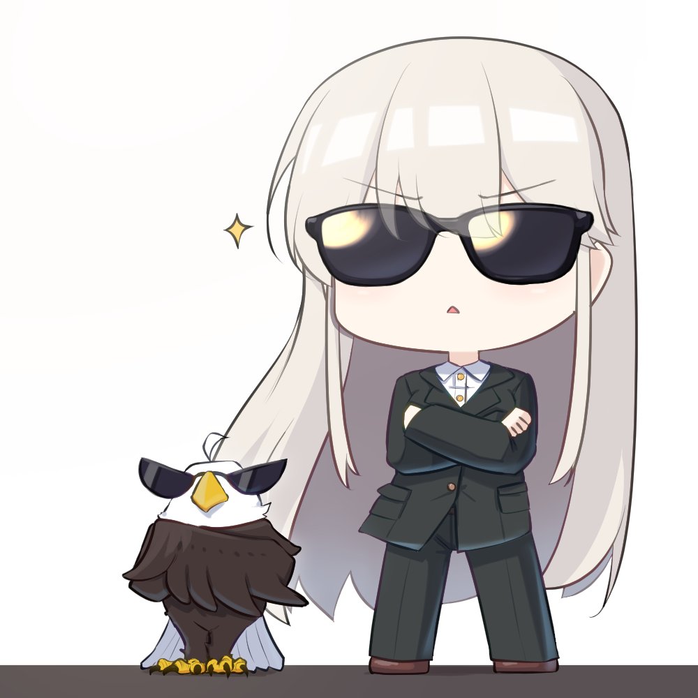 1girl azur_lane bird black_jacket black_pants blazer brown_footwear business_suit chibi collared_shirt commentary crossed_arms dress_shirt eagle english_commentary enterprise_(azur_lane) full_body grey_hair grim_(azur_lane) jacket long_hair long_sleeves no_nose official_art pants shirt sparkle standing suit sunglasses triangle_mouth v-shaped_eyebrows very_long_hair white_shirt