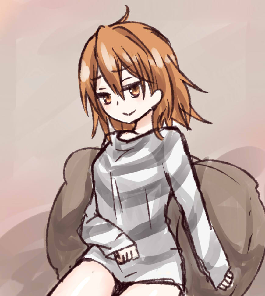 1girl accelerator_(toaru_majutsu_no_index) accelerator_(toaru_majutsu_no_index)_(cosplay) ahoge breasts brown_background brown_eyes brown_hair closed_mouth commentary_request cosplay cowboy_shot diagonal-striped_shirt grey_shirt hair_between_eyes i.u.y light_blush long_bangs long_sleeves looking_at_viewer medium_breasts medium_hair messy_hair misaka_worst no_pants pillow shirt sitting sitting_on_pillow smile striped_clothes striped_shirt thighs toaru_majutsu_no_index