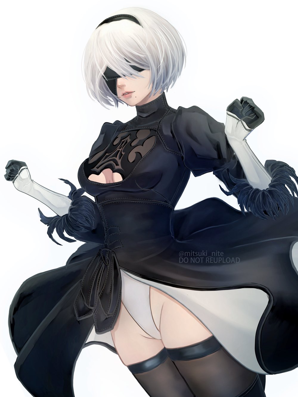 1girl 2b_(nier:automata) black_blindfold black_dress black_hairband black_thighhighs blindfold breasts cleavage cleavage_cutout clothing_cutout commentary dress gloves hairband highres leotard mitsuki_nite mole mole_under_mouth nier:automata nier_(series) parted_lips short_hair simple_background small_breasts solo standing thighhighs watermark white_background white_hair white_leotard