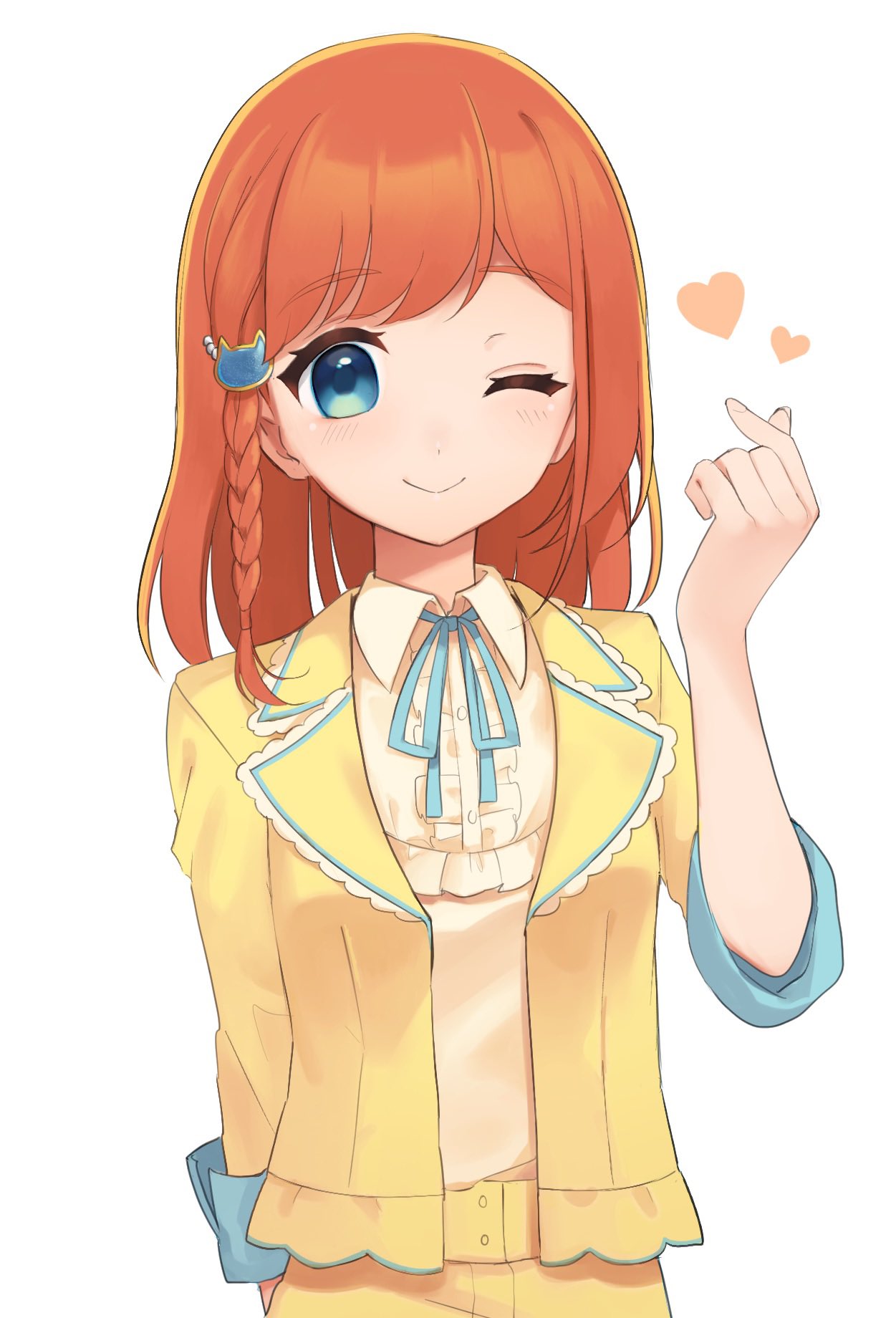 1girl ;) arm_behind_back bad_id bad_twitter_id blue_eyes blue_ribbon braid cat_hair_ornament closed_mouth collared_shirt finger_heart hair_ornament hand_up hibino_matsuri highres jacket long_hair long_sleeves looking_at_viewer neck_ribbon one_eye_closed orange_hair pretty_series ribbon shirt shiyurinpu side_braid simple_background smile solo upper_body waccha_primagi! white_background yellow_jacket yellow_shirt