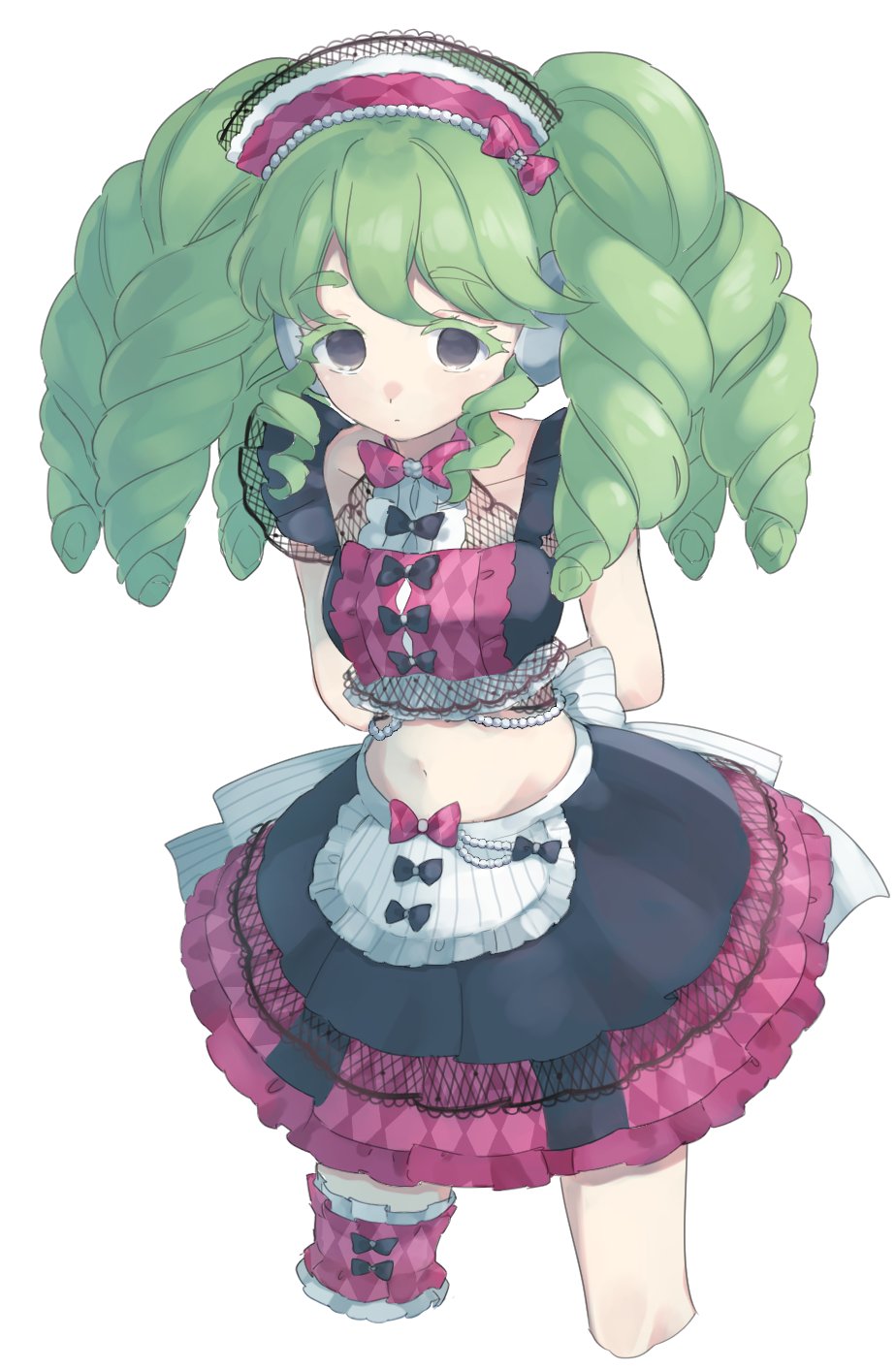 1girl apron arms_behind_back bad_id bad_twitter_id bikini black_bow black_skirt bow center_frills colored_eyelashes commentary_request cowboy_shot cropped_legs falulu frilled_skirt frills green_hair grey_eyes headphones highres idol_clothes inactive_account long_hair looking_at_viewer maid maid_bikini maid_headdress multicolored_clothes multicolored_skirt navel pretty_series pripara shiyurinpu sidelocks simple_background skirt solo standing summer_maid_coord swimsuit twintails unconventional_maid waist_apron white_background