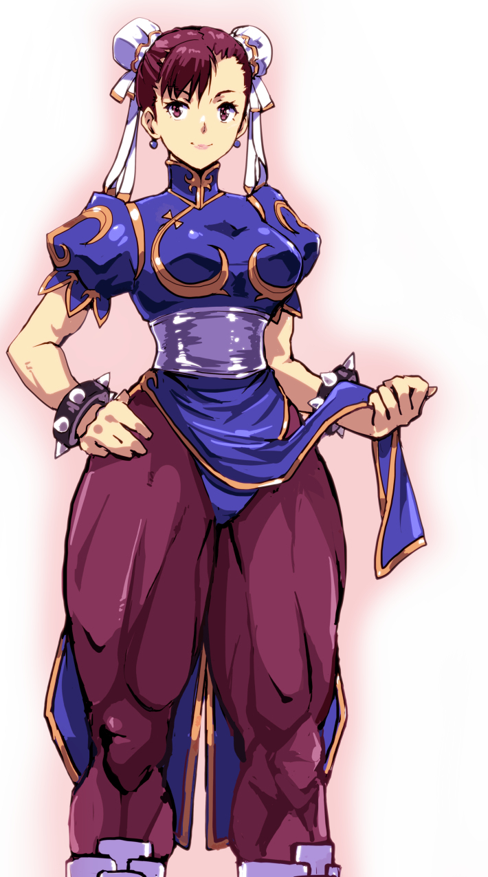 1girl blue_dress boots bracelet breasts brown_eyes brown_hair brown_pantyhose bun_cover china_dress chinese_clothes chun-li closed_mouth clothes_lift commentary_request double_bun dress dress_lift earrings gold_trim hair_bun highres jewelry kamisimo_90 looking_at_viewer medium_breasts pantyhose pelvic_curtain pink_lips puffy_sleeves sash short_sleeves smile solo spiked_bracelet spikes standing street_fighter thighs