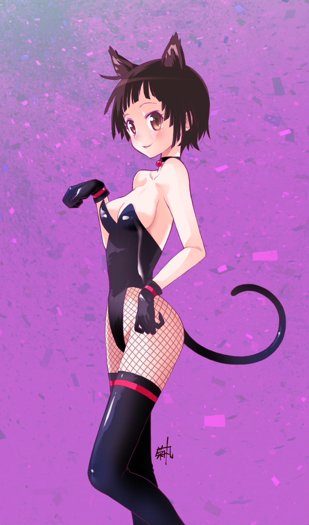 animal_ears arm_at_side artist_name backless_leotard bare_back bare_shoulders bell black_choker black_gloves black_leotard black_pantyhose black_thighhighs blush breasts brown_eyes brown_hair cat_ears cat_girl cat_tail choker choppy_bangs cleavage collarbone commentary curled_fingers feet_out_of_frame fishnet_pantyhose fishnets from_side gloves hand_up heel_up highleg highleg_leotard highres jingle_bell kemonomimi_mode kikumaru_bunta kittysuit leotard looking_at_viewer looking_to_the_side medium_breasts monogatari_(series) neck_bell nontraditional_playboy_bunny orokamonogatari pantyhose paw_pose pink_lips purple_background sengoku_nadeko shiny_clothes short_hair sideboob signature standing strapless strapless_leotard tail thighhighs translated very_short_hair