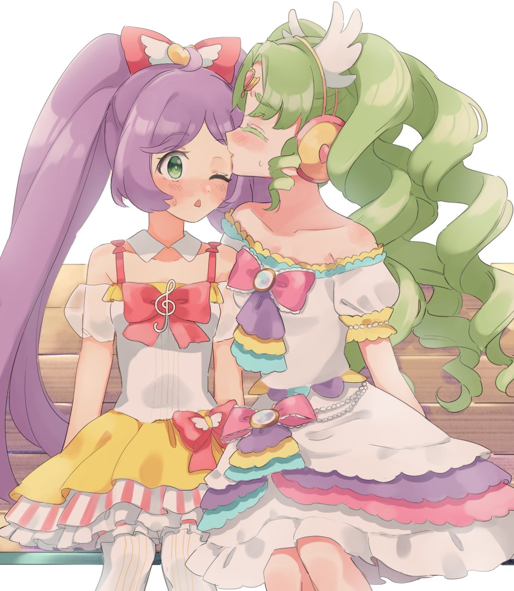 2girls ahoge bare_shoulders bow colored_eyelashes commentary_request detached_collar detached_sleeves dress facing_another falulu falulu_(awakened) forehead_jewel frilled_dress frills green_hair hair_bow headphones idol_clothes kiss kissing_forehead long_hair manaka_laala multiple_girls on_bench one_eye_closed open_mouth parted_bangs pink_bow pretty_series pripara profile puffy_detached_sleeves puffy_sleeves purple_hair shiyurinpu sidelocks sitting surprise_kiss surprised treble_clef twintails very_long_hair white_background white_dress wing_hair_ornament yuri