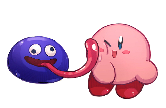 2boys blue_eyes blue_skin blush_stickers chiimako colored_skin full_body gooey_(kirby) kirby kirby's_dream_land_3 kirby_(series) long_tongue multiple_boys no_humans one_eye_closed open_mouth pink_skin smile tongue tongue_out white_background