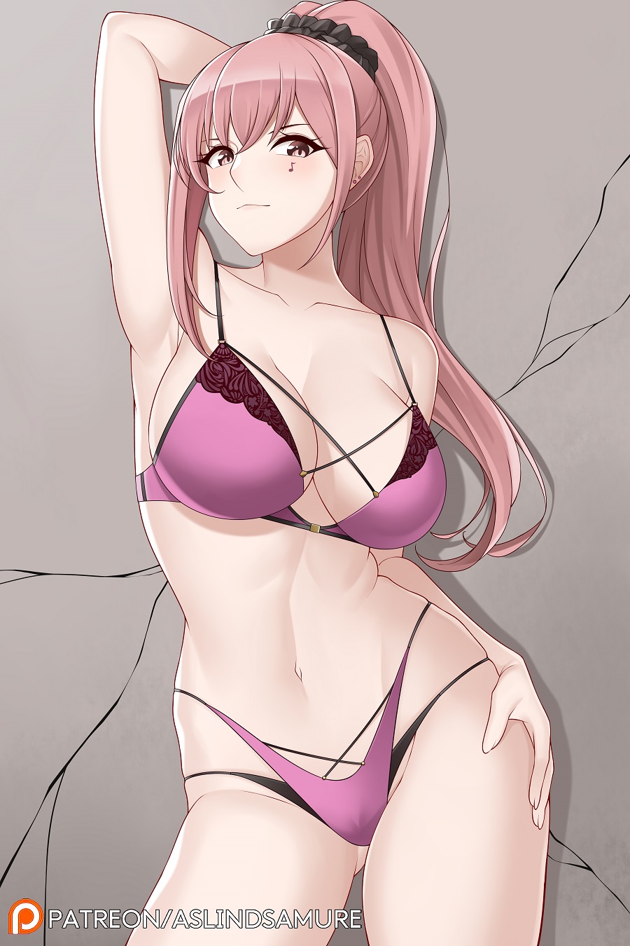 1girl arm_behind_head arm_up armpit_crease armpits aslindsamure ass_visible_through_thighs banned_artist bare_shoulders black_panties blush bra breasts cleavage closed_mouth collarbone contrapposto cracked_wall ear_piercing facial_tattoo girls'_frontline groin highleg highleg_panties highres lace-trimmed_bra lace_trim large_breasts linea_alba looking_at_viewer multiple_piercings musical_note musical_note_tattoo navel panties piercing pink_bra pink_eyes pink_hair pink_panties ponytail r5_(girls'_frontline) sideboob skindentation solo standing stomach tattoo thighs underwear underwear_only wall