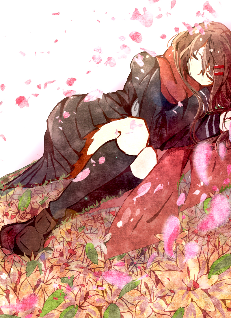 1girl bangs black_serafuku black_shirt black_skirt brown_footwear brown_hair closed_eyes fetal_position field flower flower_field hair_between_eyes kagerou_project kimven_(wenzisama) kneehighs loafers long_hair long_sleeves lying miniskirt on_side petals pleated_skirt red_scarf scarf school_uniform serafuku shiny shiny_hair shirt shoes sketch skirt sleeping socks solo tateyama_ayano yellow_flower