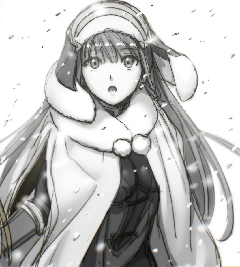 1girl aoba_(smartbeat) bangs breasts cloak fate/grand_order fate_(series) fur-trimmed_headwear greyscale large_breasts leotard long_hair looking_at_viewer martha_(fate) martha_(santa)_(fate) monochrome open_mouth sketch solo