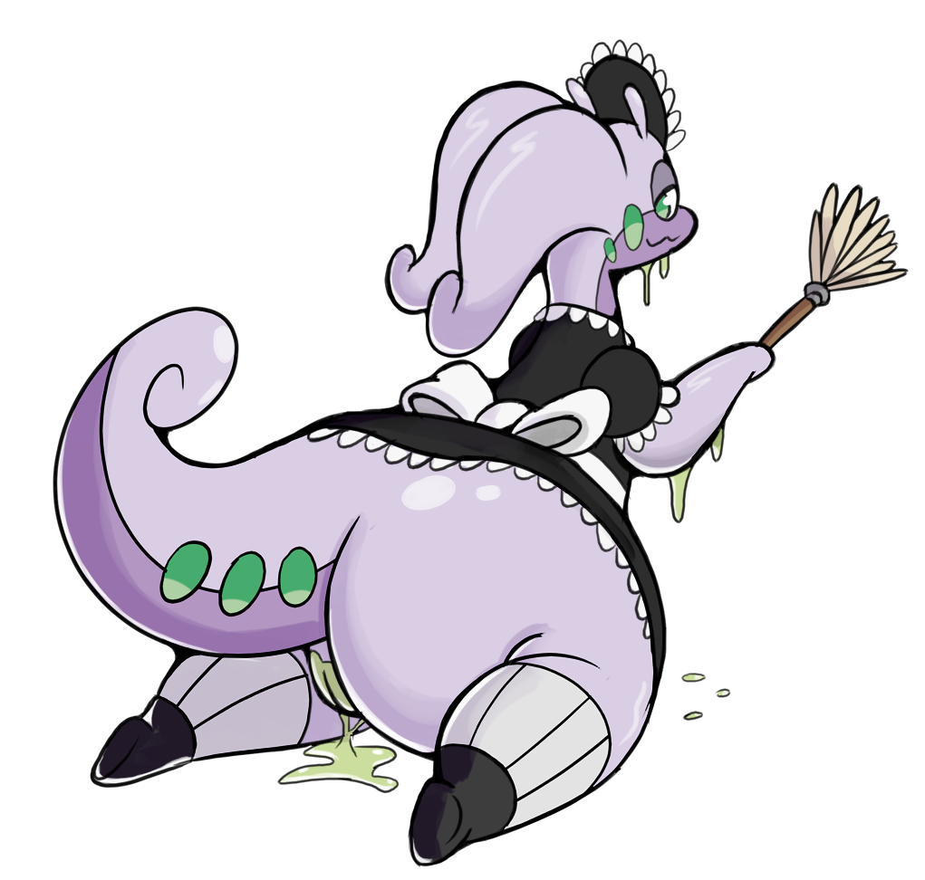 2018 alpha_channel anthro black_clothing bodily_fluids butt clothed clothing dripping female genital_fluids genitals goodra green_eyes headgear headwear holding_object long_tail looking_at_viewer maid_uniform nintendo not_a_furfag pok&eacute;mon pok&eacute;mon_(species) purple_body purple_skin purple_tail pussy pussy_juice pussy_juice_drip pussy_juice_string simple_background solo transparent_background uniform video_games wide_hips