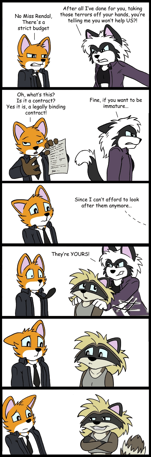 adoption anthro businesswear canid canine cerberus_(artist) comic contract debt dialogue domestic_cat felid feline felis female fox hi_res humor lawyer male mammal not_big_and_not_clever procyonid raccoon rachel_(character) simple_background snow_(character) white_background