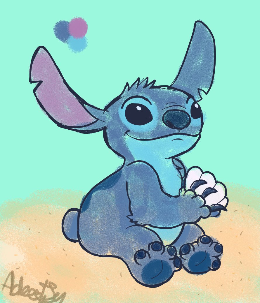 2022 4_toes alien back_markings blue_body blue_claws blue_eyes blue_fur blue_nose blue_pawpads chest_tuft claws color_swatch colored_sketch disney elbow_tuft experiment_(lilo_and_stitch) feet fur holding_shell katpyrple lilo_and_stitch markings notched_ear pawpads seashell shell signature simple_background sitting sketch small_tail smile stitch_(lilo_and_stitch) toes tuft