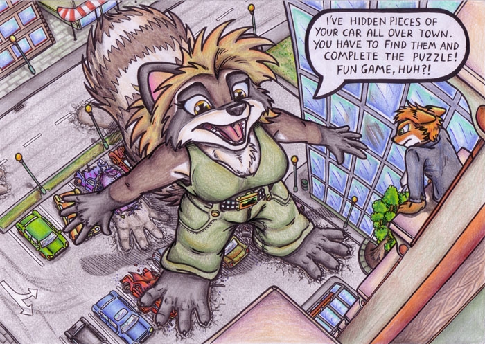 anthro canid canine cerberus_(artist) city city_background comic dialogue_box english_text female footprints fox humor lawyer macro male mammal not_big_and_not_clever procyonid raccoon rachel_(character) studded_belt text traditional_media_(artwork) vehicle_destruction