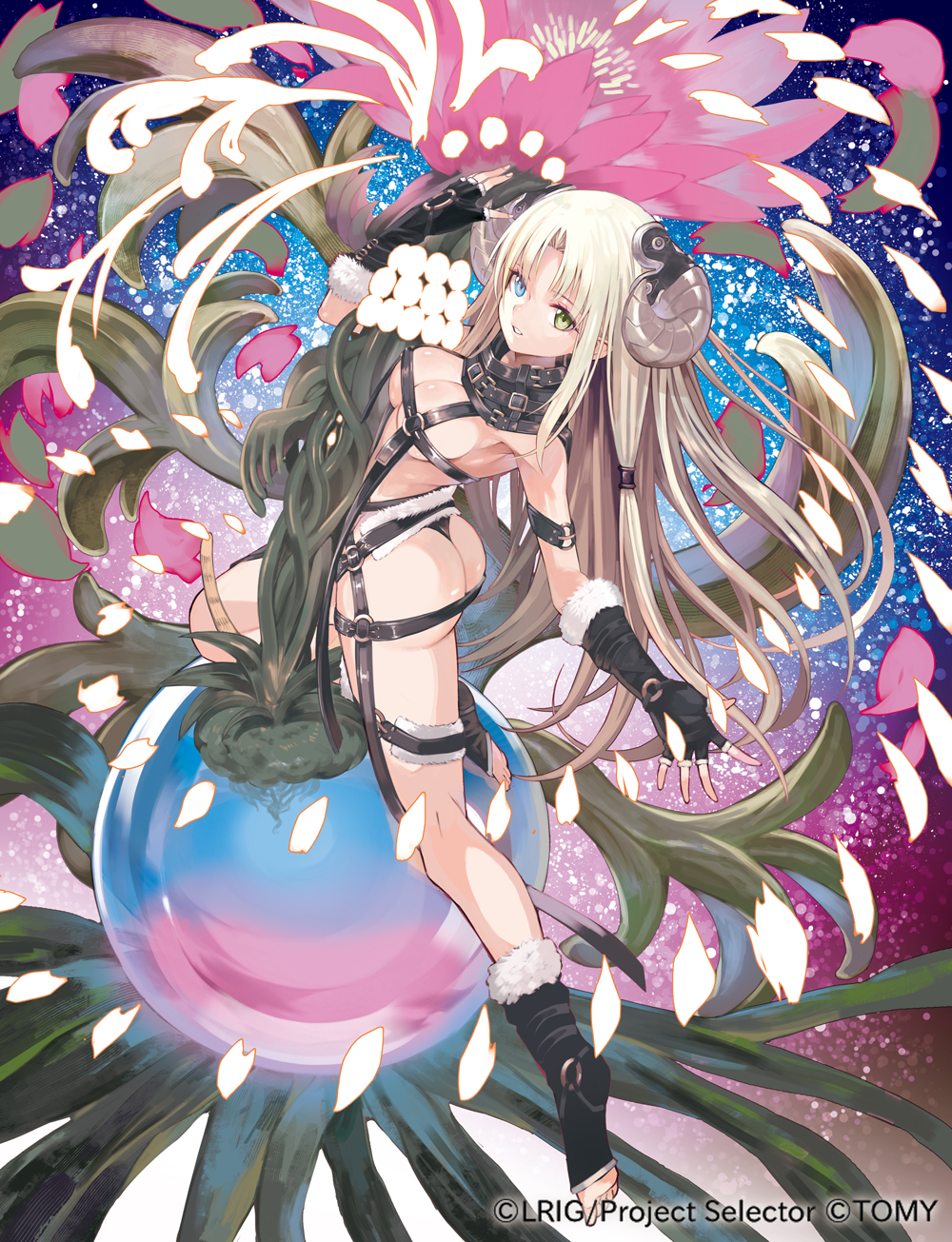 black_gloves blonde_hair blue_eyes breasts company_name copyright curled_horns fingerless_gloves flower fur_trim gloves green_eyes heterochromia highres horns long_hair looking_at_viewer medium_breasts official_art parted_lips revealing_clothes toeless_footwear tokiti umr_(wixoss) wixoss