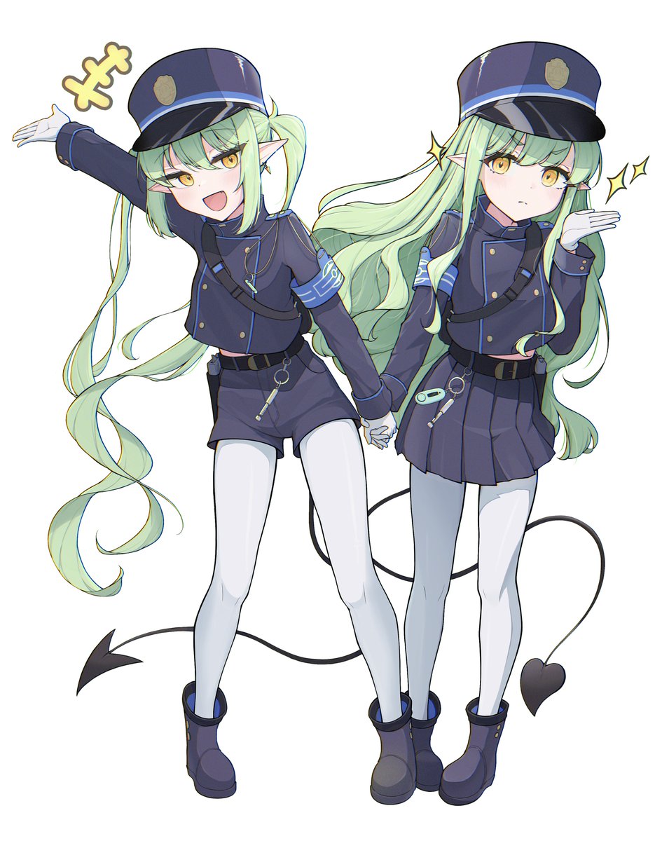 2girls black_footwear black_hat black_jacket black_shorts black_skirt black_tail blue_archive blush boots closed_mouth demon_tail full_body gloves green_hair hat highres hikari_(blue_archive) jacket jimieokaes long_hair long_sleeves looking_at_viewer multiple_girls nozomi_(blue_archive) open_mouth pantyhose peaked_cap pleated_skirt pointy_ears shorts siblings simple_background sisters skirt smile tail twins twintails white_background white_gloves white_pantyhose yellow_eyes