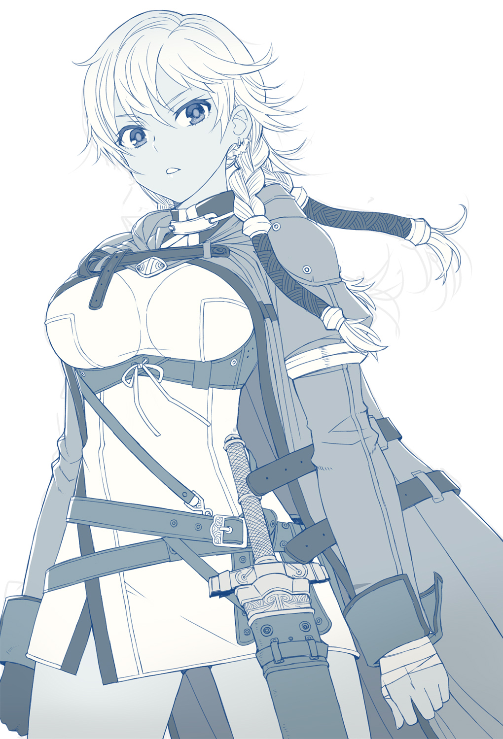 1girl bandaged_hand bandages belt braid braided_ponytail breasts cape cowboy_shot crossed_belts gloves hair_between_eyes hair_tubes highres itou_(onsoku_tassha) long_hair looking_at_viewer monochrome original parted_lips sheath sheathed single_glove sketch solo sword underbust v-shaped_eyebrows weapon white_background wind