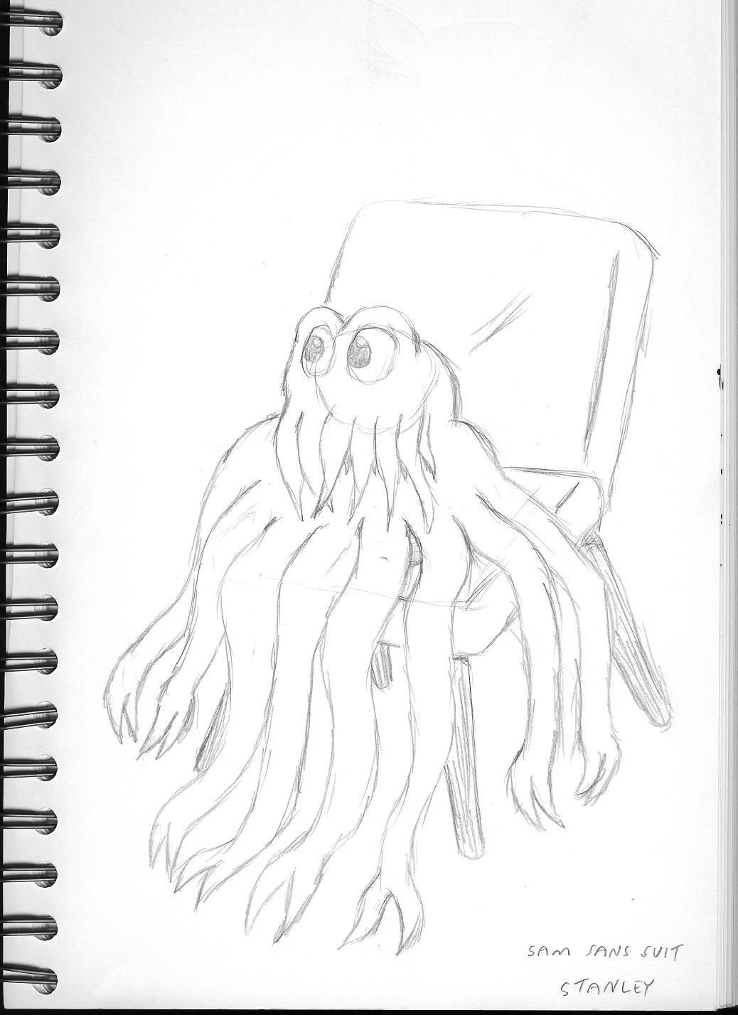 alien big_eyes chair english_text face_tentacles freefall_(webcomic) furniture hi_res male mark_stanley monochrome non-humanoid_creature sam_starfall signature sitting sketch solo tentacles text webcomic