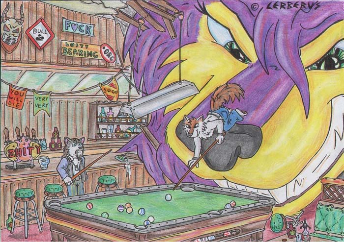 alcohol anthro beverage billiard_table canid canine canis cerberus_(artist) cerberus_(character) cheat domestic_dog female fur hair husky macro male mammal nordic_sled_dog profanity property_damage public_house purple_hair spitz teeth_showing traditional_media_(artwork) vikki wolf yellow_body yellow_fur