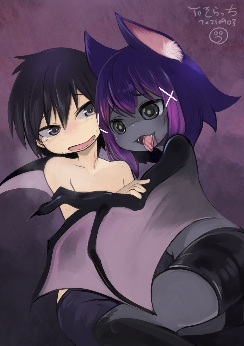 1boy 1girl animal_ear_fluff animal_ears bat_ears bat_girl bat_wings bite_mark black_eyes black_hair black_shorts blood blood_in_mouth blood_on_face colored_skin fangs feet_out_of_frame green_pupils grey_skin highres looking_at_another monster_girl open_mouth original purple_background purple_hair ruu_bot short_hair shorts simple_background smile tongue tongue_out vampire wing_hug winged_arms wings