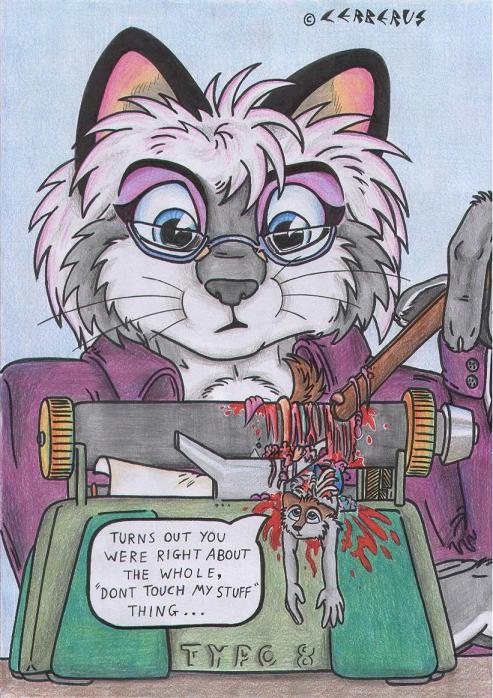anthro blood bodily_fluids canid canine canis cerberus_(artist) cerberus_(character) dialogue_box dismemberment domestic_cat english_text felid feline felis female gore grinding guts humor macro male mammal micro not_big_and_not_clever organs snow_(character) text traditional_media_(artwork) typewriter wolf