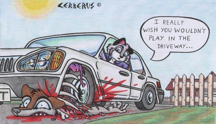 anthro blood bodily_fluids bone canid canine canis car cerberus_(artist) cerberus_(character) death dialogue_box disembowelment dismemberment domestic_cat english_text felid feline felis female gore humor male mammal not_big_and_not_clever organs outside snow_(cerberus) text vehicle wolf