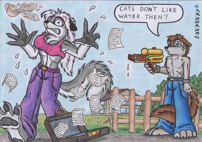 anthro canid canine canis cerberus_(artist) cerberus_(character) dialogue_box domestic_cat english_text felid feline felis female hot_beverage legal_briefs male mammal not_big_and_not_clever outside regret snow_(character) summer supersoaker surprise text traditional_media_(artwork) wolf