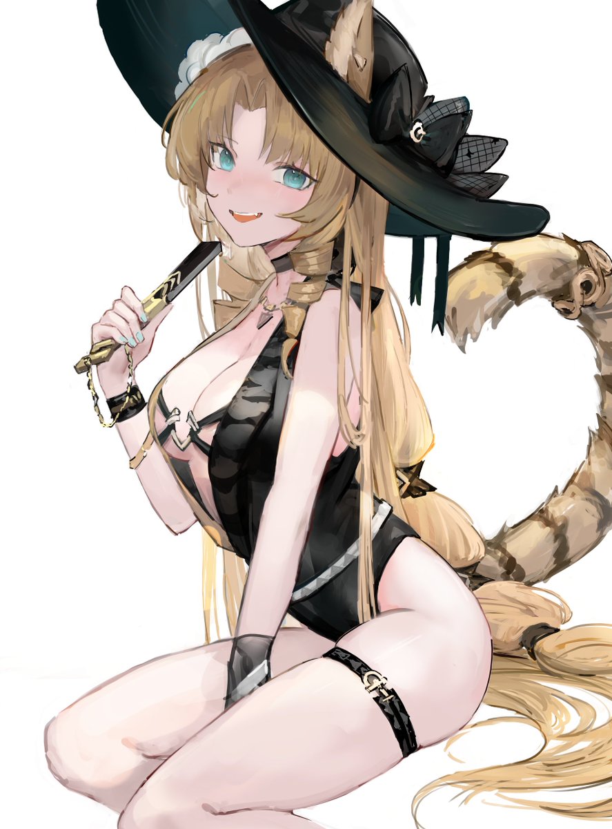 1girl adapted_costume animal_ears arknights between_legs black_choker black_headwear black_leotard blue_eyes blue_nails breasts choker cleavage commentary drill_hair ears_through_headwear english_commentary fang feet_out_of_frame folding_fan gnai hand_between_legs hand_fan highres holding holding_fan jewelry leotard long_hair looking_at_viewer low-tied_long_hair medium_breasts nail_polish necklace official_alternate_costume open_mouth parted_bangs side_drill simple_background sitting smile solo swire_(arknights) swire_the_elegant_wit_(arknights) tail tail_ornament tail_ring teeth thigh_strap tiger_ears tiger_girl tiger_tail upper_teeth_only very_long_hair white_background wristband