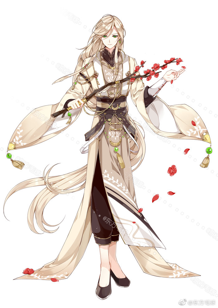 1boy black_footwear black_pants black_sash black_shirt blonde_hair branch chinese_clothes closed_mouth crescent dongfang_mao_qiu earrings falling_petals flats flower flower_knot full_body gem gold_trim green_eyes green_gemstone hair_between_eyes hands_up hanfu holding holding_branch jewelry layered_sleeves light_smile long_hair long_sleeves looking_at_viewer low-tied_sidelocks male_focus necklace official_art pants pelvic_curtain petals plum_blossoms red_flower robe sash shirt simple_background solo standing swept_bangs tassel the_tale_of_food very_long_hair watermark weibo_logo white_background wide_sleeves yangzhou_fried_rice_(the_tale_of_food) yellow_robe