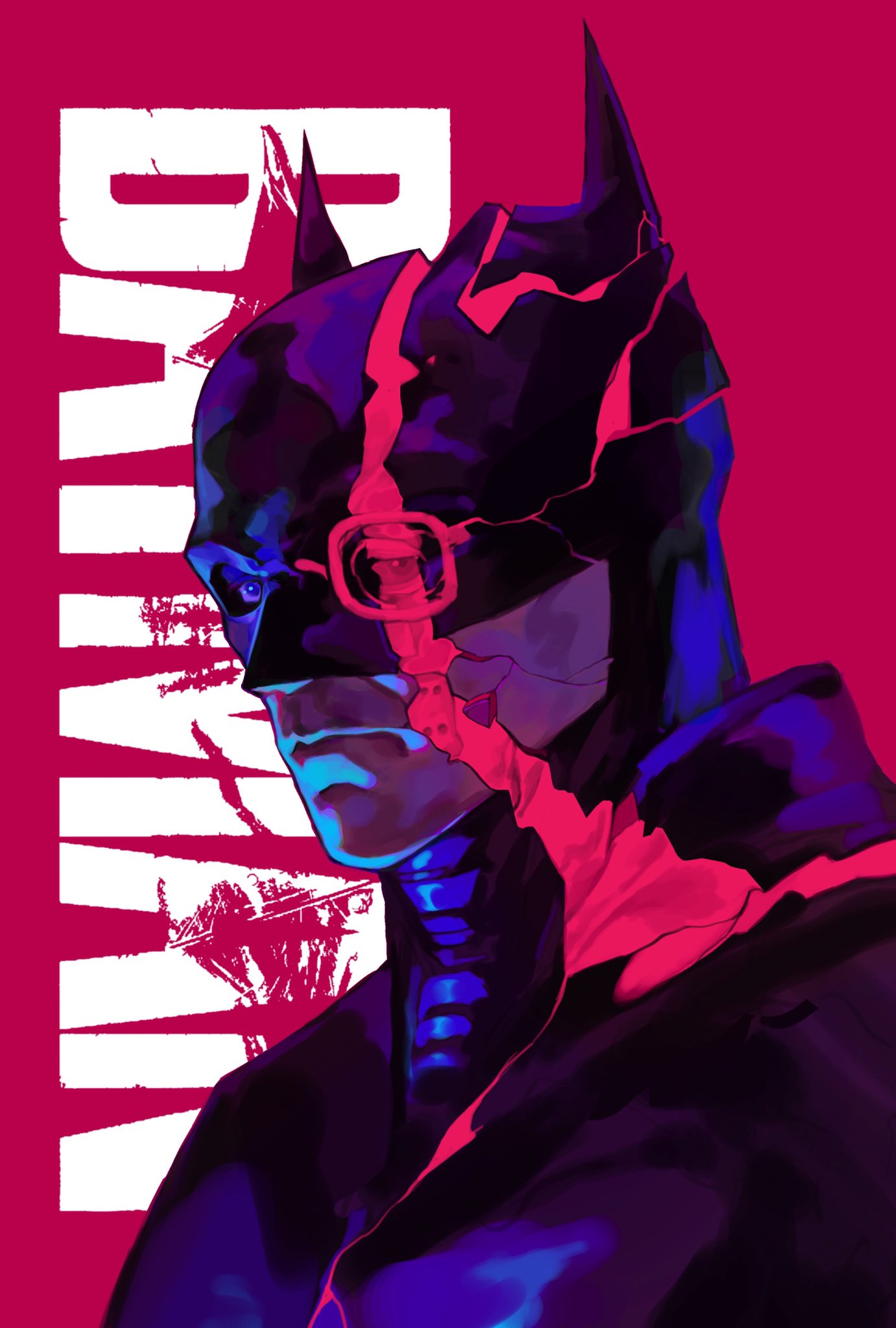 1boy armor batman batman_(series) blue_eyes cape character_name chin closed_mouth dc_comics english_text expressionless from_side hieumay highres limited_palette lips looking_to_the_side male_focus mask pink_background shattered solo superhero the_batman_(2022) upper_body