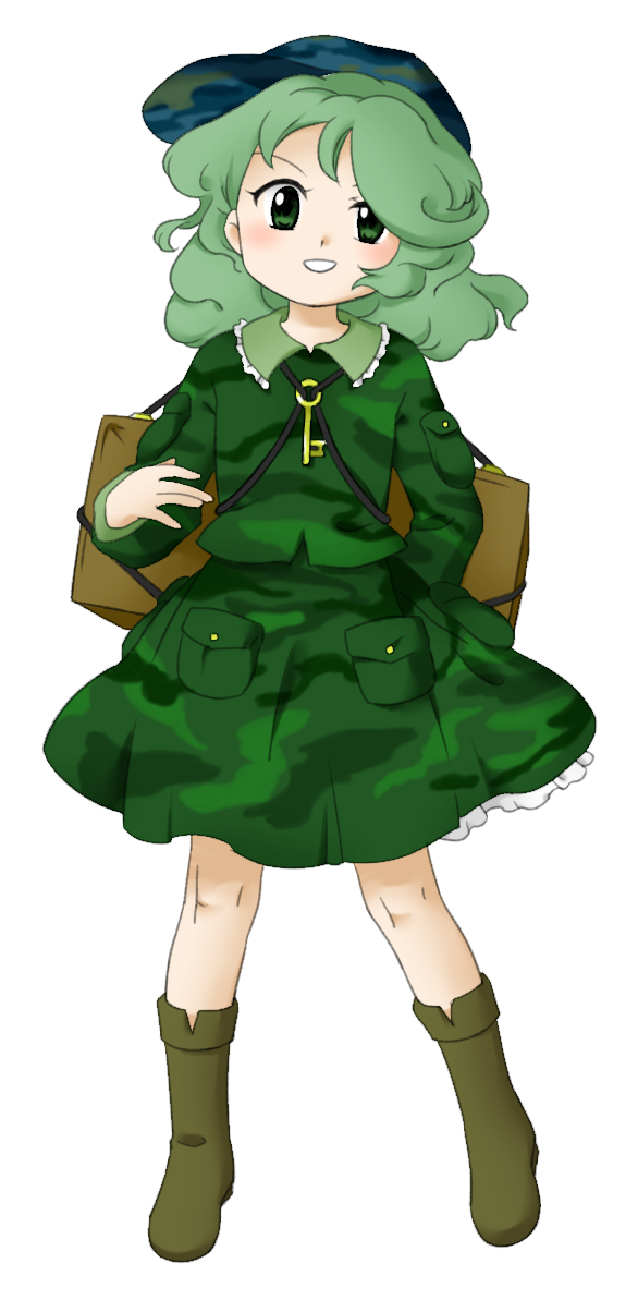 1girl :d arm_behind_back blue_headwear boots brown_footwear frilled_shirt_collar frills green_eyes green_hair green_shirt green_skirt hat key legs_apart long_sleeves looking_at_viewer nonamejd official_style shirt simple_background skirt smile solo standing touhou white_background yamashiro_takane zun_(style)