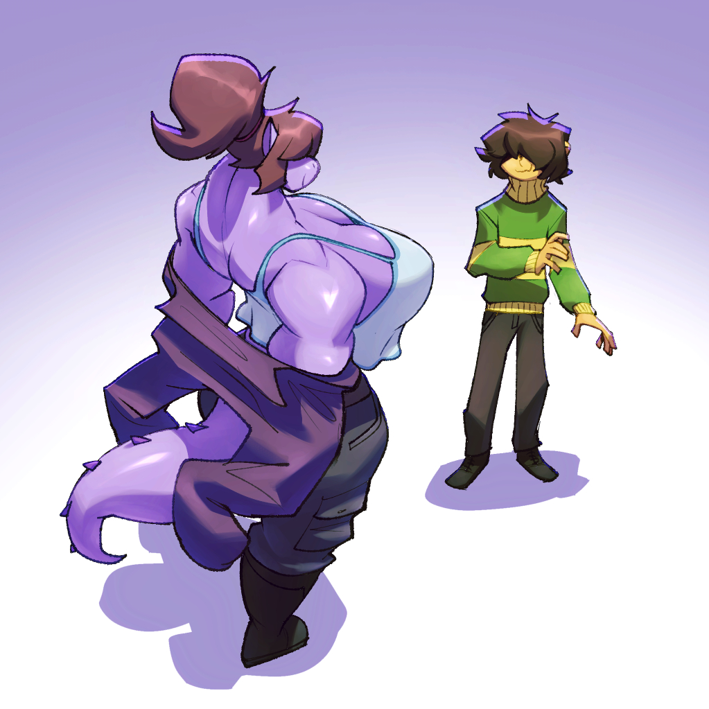 2024 anthro big_breasts bigdad breasts brown_hair cleavage clothed clothing deltarune digital_media_(artwork) duo eyes_obscured female hair hair_over_eyes huge_breasts human kris_(deltarune) larger_female male mammal muscular muscular_anthro muscular_female purple_body purple_scales scales scalie size_difference susie_(deltarune) tail thick_tail undertale_(series) undressing