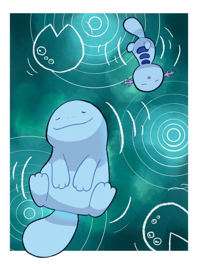 :o afloat animal_focus blue_skin border closed_eyes closed_mouth colored_skin commentary_request evolutionary_line from_above joltik_0425 no_humans open_mouth outside_border pokemon pokemon_(creature) quagsire ripples smile tail water white_border wooper