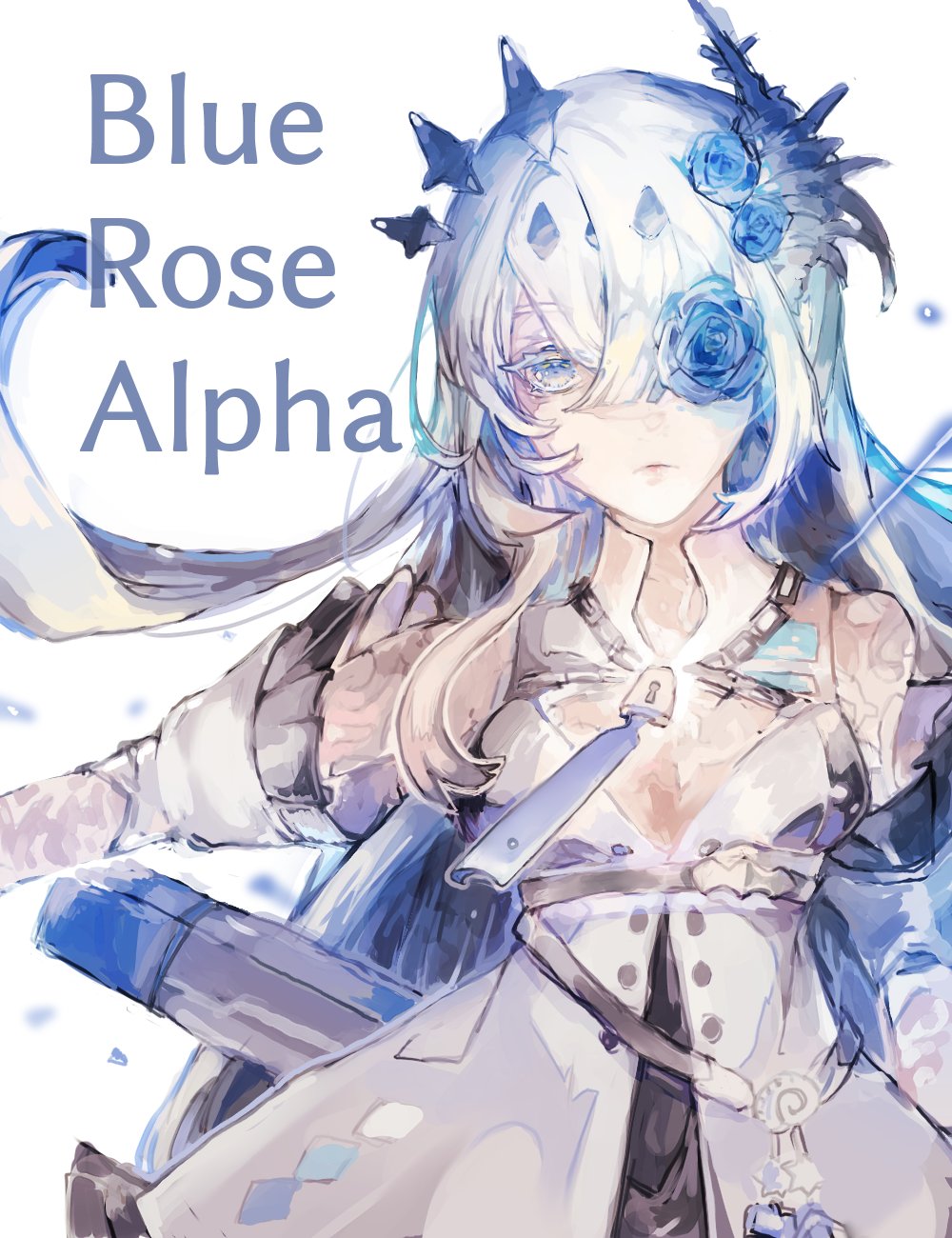 1girl alpha_(punishing:_gray_raven) blue_eyes blue_flower blue_rose blue_theme chain character_name cleavage_cutout clothing_cutout conch crossed_bangs detached_sleeves dress flower flower_over_eye frilled_sleeves frills grey_hair hair_between_eyes highres lock lucia:_crimson_abyss_(apocalyptic_cyan)_(punishing:_gray_raven) padlock punishing:_gray_raven rose sheath shell_hair_ornament side00111 solo white_dress