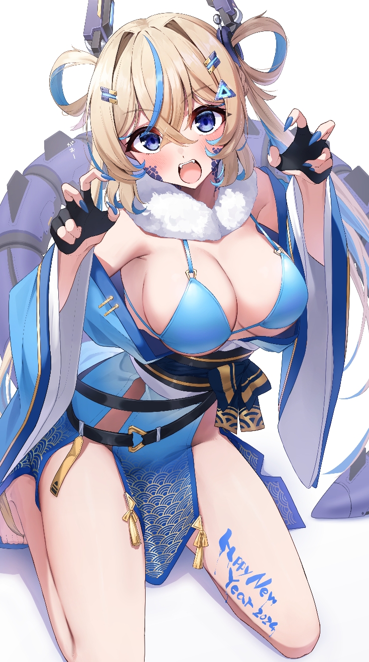 1girl 2024 bikini black_gloves blonde_hair blue_bikini blue_kimono blue_nails blue_sleeves body_writing breasts chinese_zodiac commentary_request crossed_bangs derivative_work dragon_tail fangs fingerless_gloves fingernails gloves hair_between_eyes happy_new_year headgear highres japanese_clothes kimono large_breasts long_hair looking_at_viewer mechanical_tail morros multicolored_hair nail_polish open_mouth original pelvic_curtain simple_background sitting swimsuit tail teeth thighs two-tone_hair upper_teeth_only white_background wide_sleeves year_of_the_dragon
