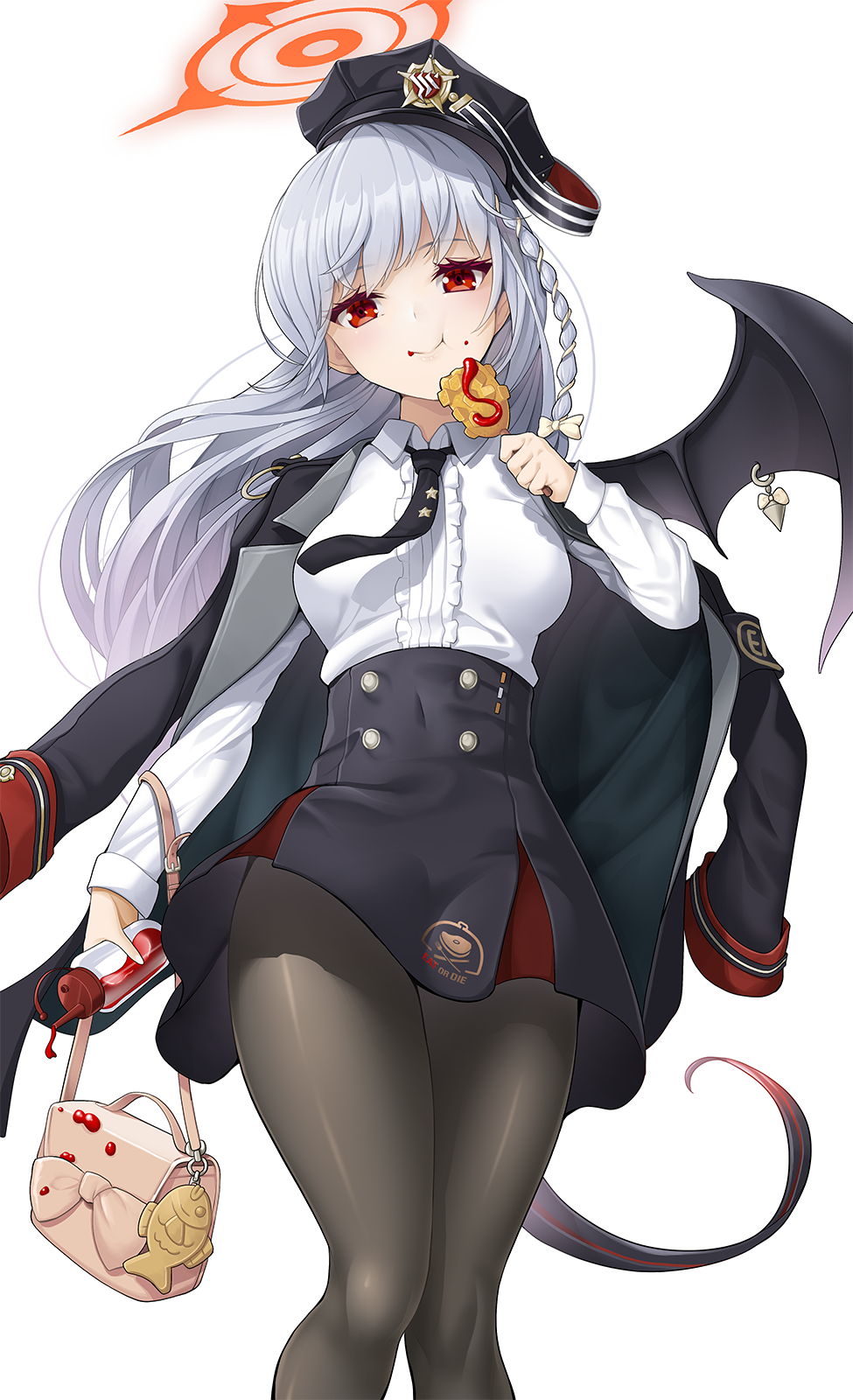 1girl black_coat black_headwear black_necktie black_pantyhose black_tail black_wings blue_archive closed_mouth coat coat_on_shoulders collared_shirt demon_wings eating feet_out_of_frame food grey_hair halo haruna_(blue_archive) hat highres holding holding_food ketchup koflif long_hair long_sleeves necktie pantyhose peaked_cap red_eyes red_halo shirt simple_background single_wing smile solo white_background white_shirt wings