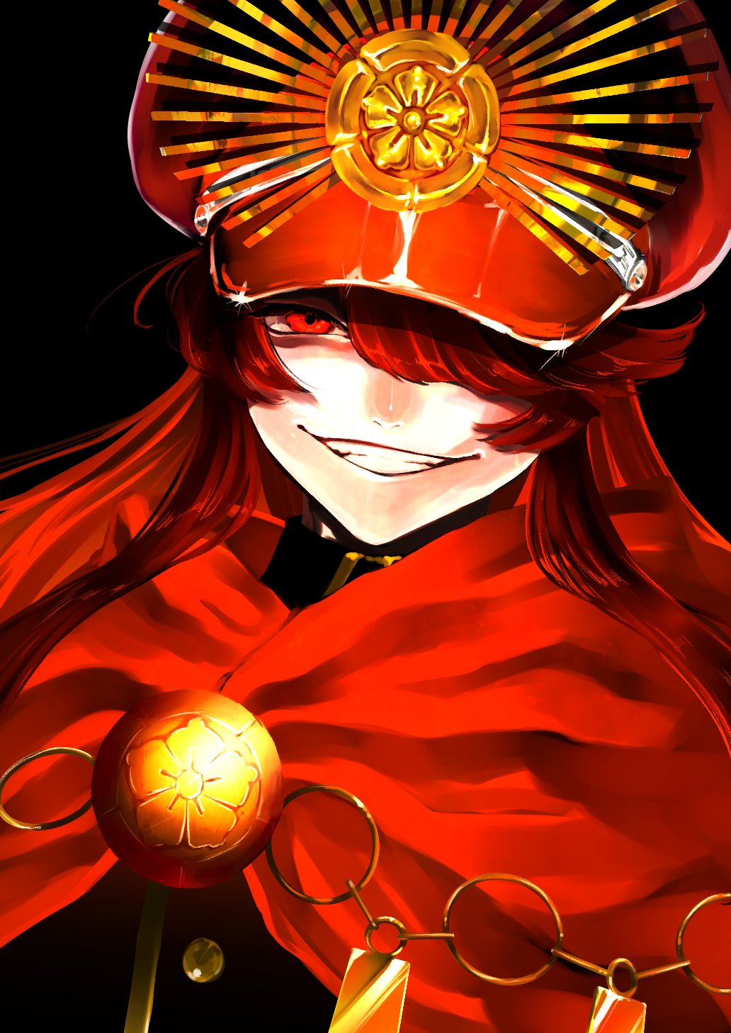 1girl black_background black_shirt cape close-up evil_smile family_crest fate/grand_order fate_(series) flower hair_over_one_eye hat highres long_hair looking_at_viewer medallion military_hat military_uniform oda_nobunaga_(fate) oda_nobunaga_(maou_avenger)_(fate) oda_uri peaked_cap red_eyes red_hair shaded_face shirt sidelocks smile solo uniform upper_body urup_zzz