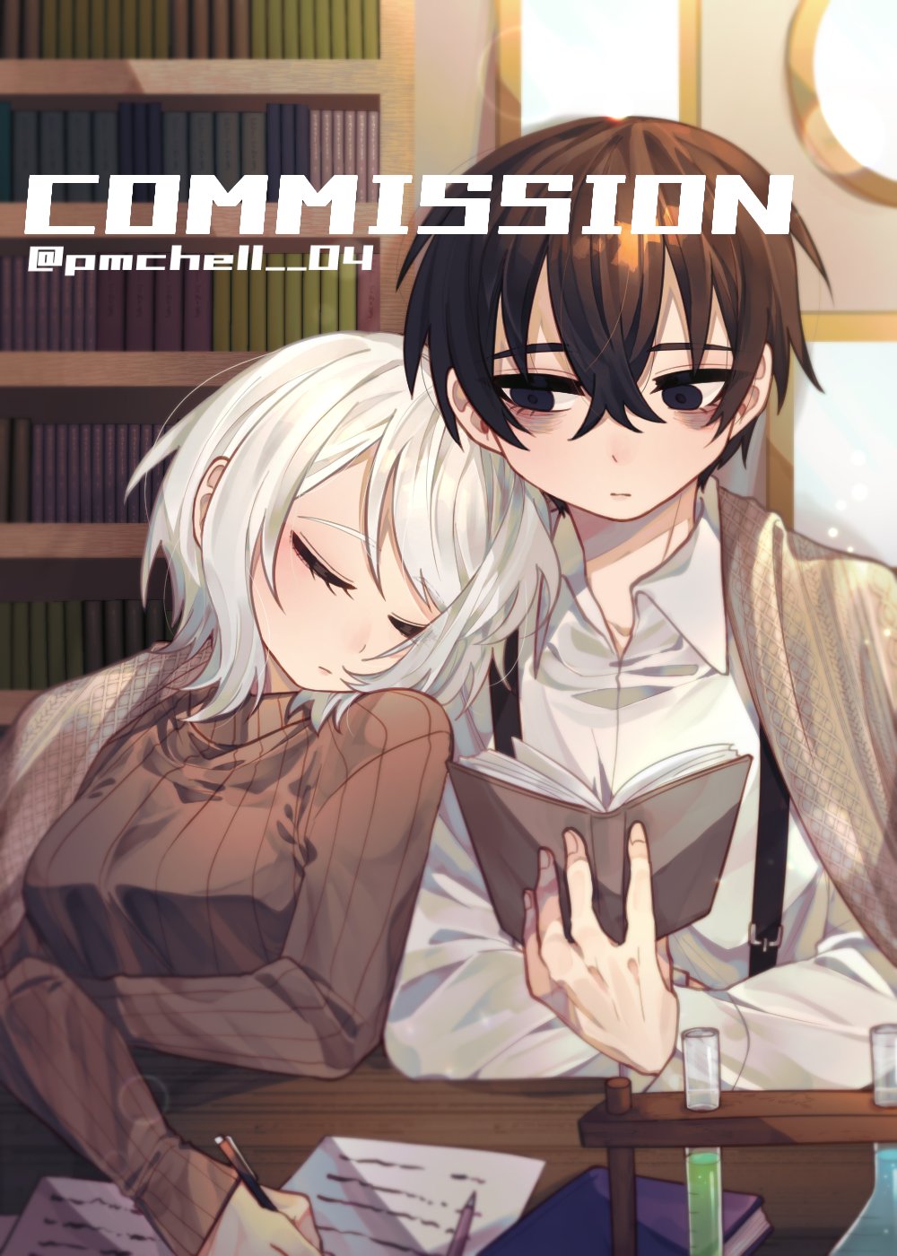 1boy 1girl black_eyes black_hair book brown_sweater collared_shirt commission faust_(project_moon) highres indoors library limbus_company long_sleeves mirror paper pmchell_04 project_moon shirt short_hair sleeping sweater vial white_hair white_shirt writing yi_sang_(project_moon)
