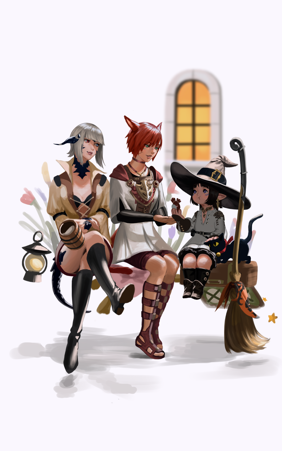 3girls animal_ears aura black_bra black_cat black_footwear black_hair blue_eyes boots bra broom brown_footwear cat cat_ears crossed_legs cup facepaint final_fantasy final_fantasy_xiv flower green_eyes hat heterochromia highres holding holding_cup hollizho lalafell lamp lanturn looking_at_another multiple_girls parted_lips petting plant purple_eyes purple_flower red_eyes red_flower red_hair red_ribbon ribbon short_hair simple_background sitting spriggan_(final_fantasy) underwear white_background white_hair window witch_hat wooden_cup yellow_flower