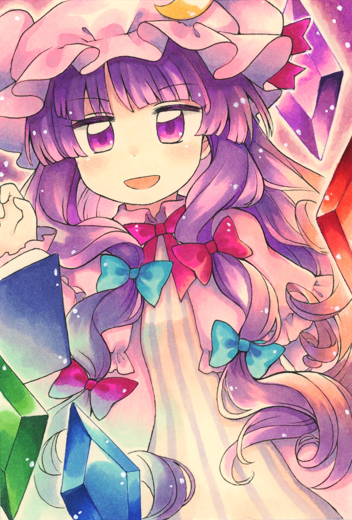 1girl blue_bow bow bowtie crescent crescent_hat_ornament double_bun dress hair_bow hair_bun hat hat_ornament highres long_hair maa_(forsythia1729) mob_cap patchouli_knowledge purple_dress purple_eyes purple_hair purple_headwear red_bow solo striped striped_dress touhou vertical-striped_dress vertical_stripes