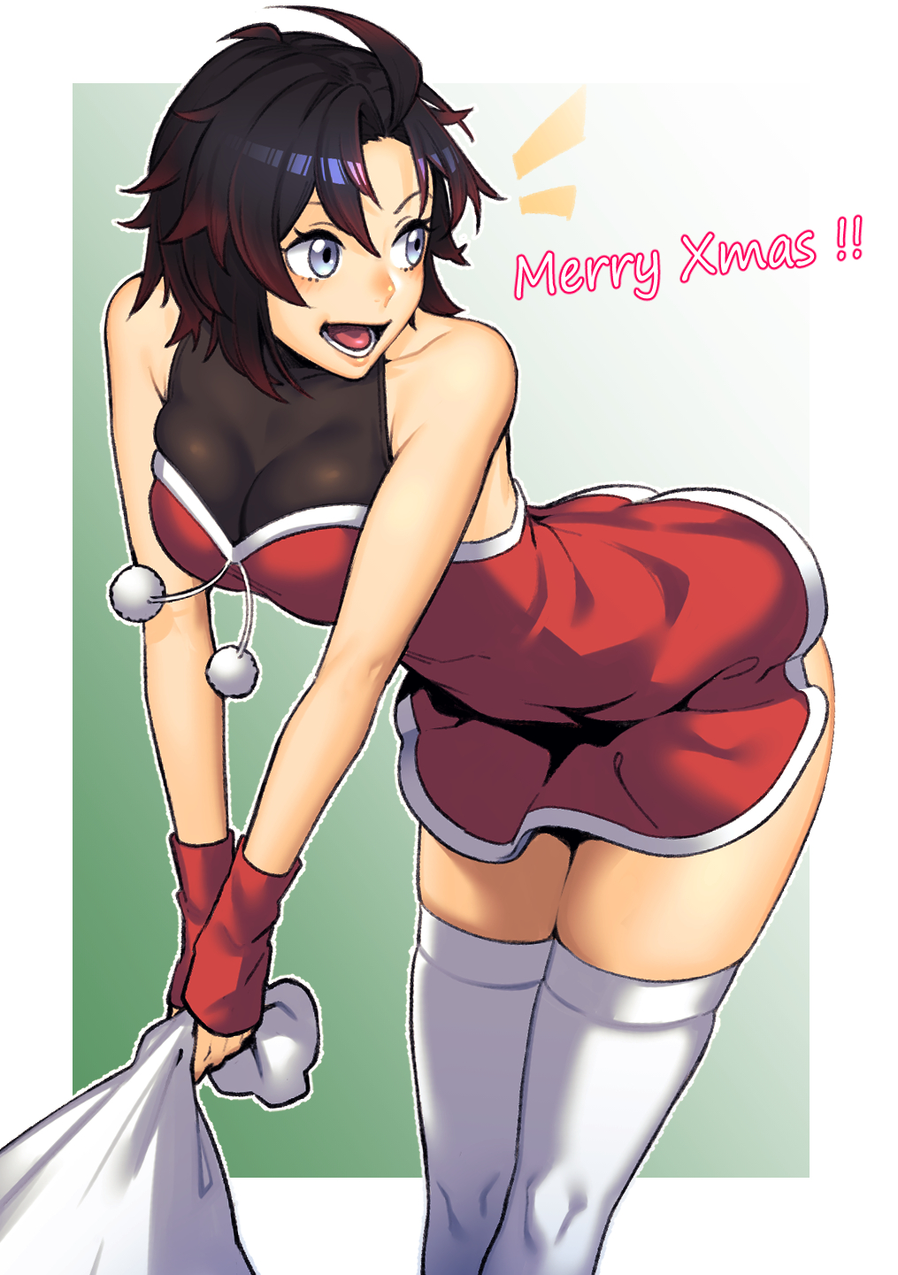 1girl black_hair christmas dyun grey_eyes highres knapsack multicolored_hair open_mouth red_hair ruby_rose rwby santa_costume short_hair socks solo tagme two-tone_hair white_socks