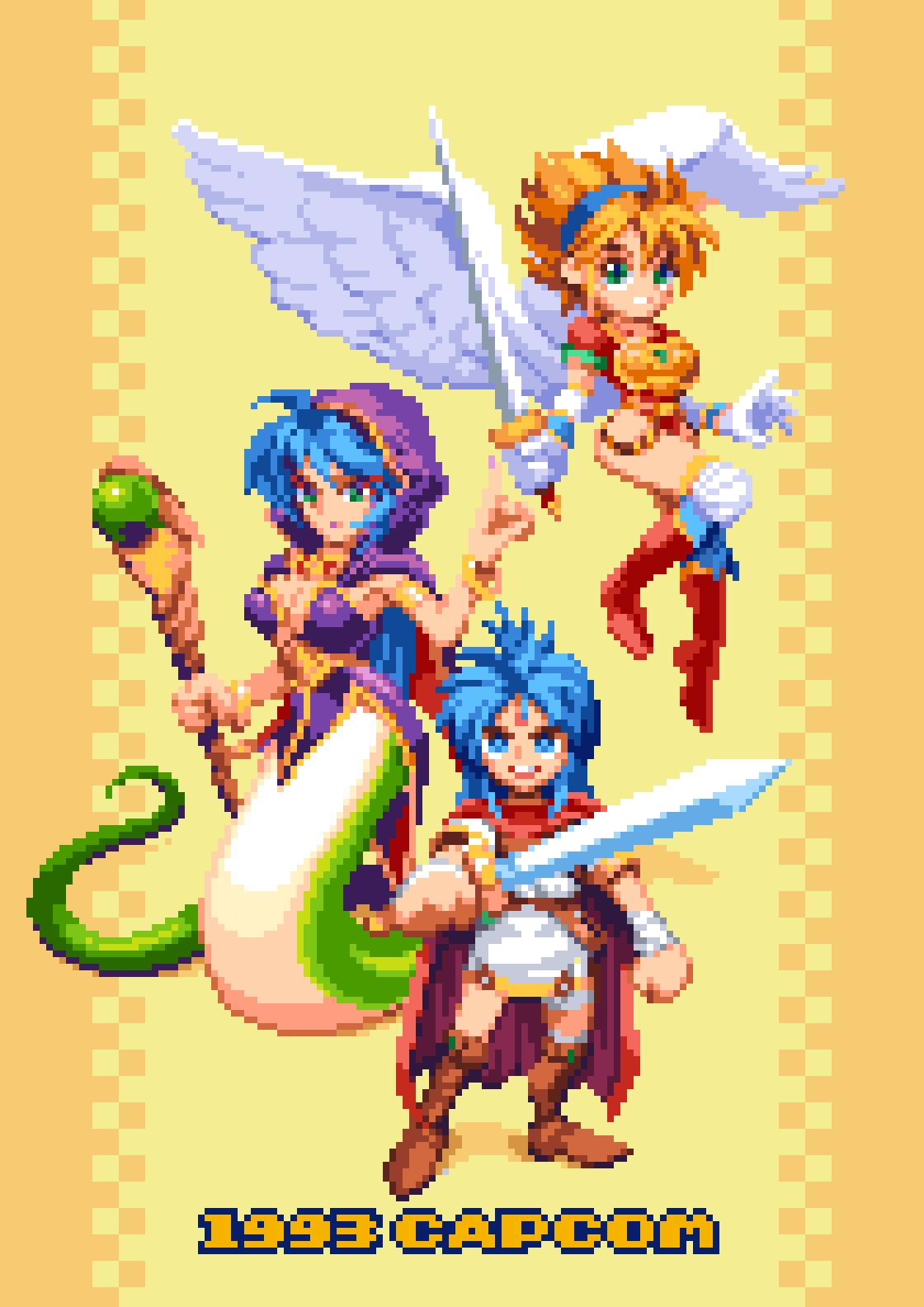 1boy angel_wings armor blonde_hair blue_eyes boots breasts breath_of_fire breath_of_fire_i deis elbow_gloves feathered_wings full_body gloves green_eyes hairband highres knee_boots leotard looking_at_viewer multiple_girls nina_(breath_of_fire_i) open_mouth pixel_art pixelflag red_leotard ryuu_(breath_of_fire_i) short_hair smile thighhighs white_wings wings