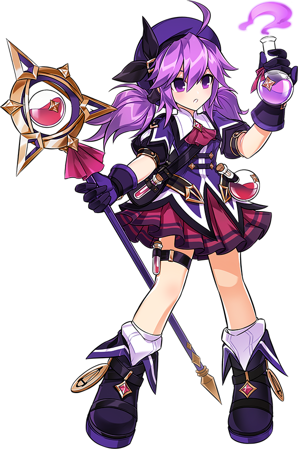 1girl ahoge aisha_landar alchemist artist_request ascot elsword flask full_body gloves hat holding holding_flask holding_staff legs_apart looking_at_object low_twintails medium_hair official_art pleated_skirt puffy_sleeves purple_ascot purple_eyes purple_footwear purple_gloves purple_hair purple_headwear purple_shirt purple_skirt round-bottom_flask shirt shoes skirt socks solo staff standing thighlet transparent_background twintails white_socks wiz_magician_(elsword)