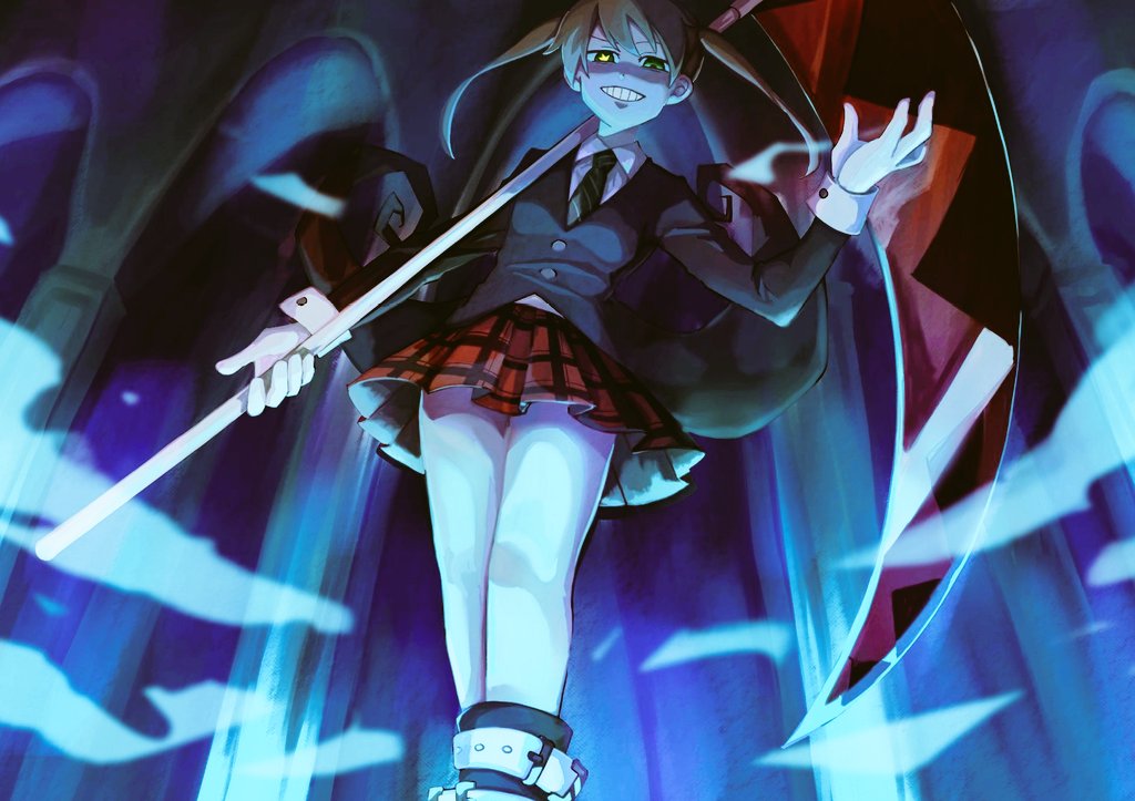 1girl blonde_hair feet_out_of_frame green_eyes green_necktie holding holding_scythe long_hair long_sleeves looking_at_viewer maka_albarn necktie plaid plaid_skirt pleated_skirt scythe skirt smile solo soul_eater striped_necktie twintails