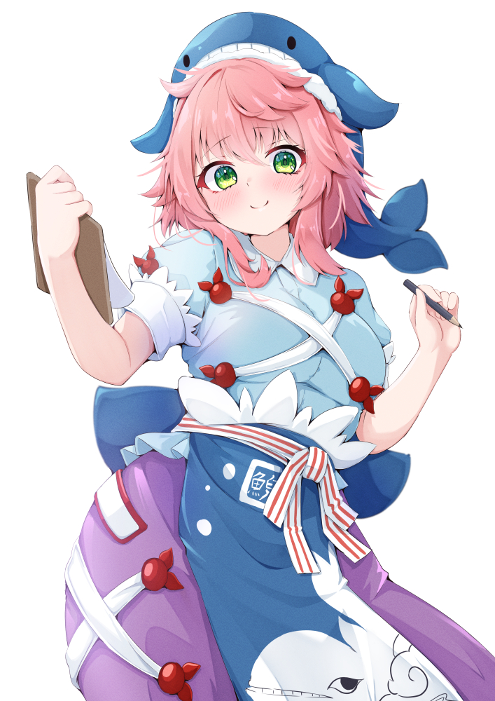 1girl apron blue_apron blue_dress blue_headwear clipboard dress green_eyes holding holding_clipboard holding_pencil looking_at_viewer okunoda_miyoi pencil pink_hair rururiaru short_hair short_sleeves simple_background smile solo touhou whale_hat white_background